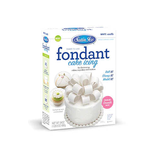 Box of Satin Ice fondant cake icing on a white background