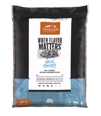 Traeger Meat Church hardwood pellets packaging on a white background
