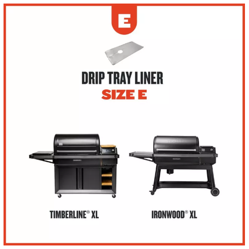 Drip tray liner size E for Timberline XL and Ironwood XL grills with a red border.