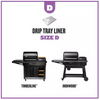 Two grills, Timberline and Ironwood, with a drip tray liner labeled 'D' on a white background.