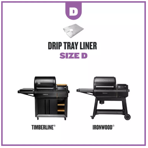 Two grills, Timberline and Ironwood, with a drip tray liner labeled 'D' on a white background.
