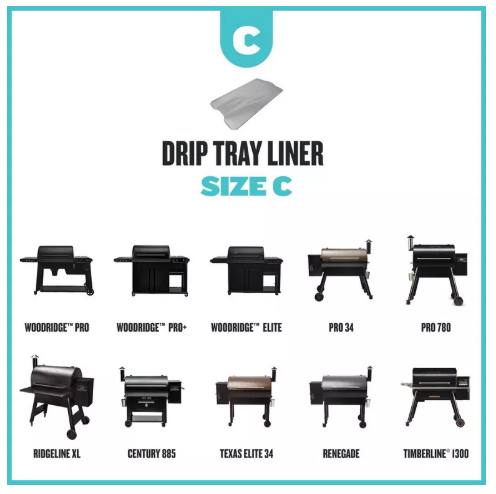 Drip tray liner size C for various grill models on a white background