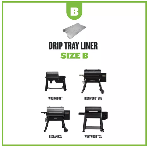 Drip tray liner size B for various grill models on a white background with green border.