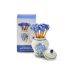 Ceramic jar with blue floral design containing bamboo picks, next to a box labeled 'Hydrangea Mini Ginger Jar'.