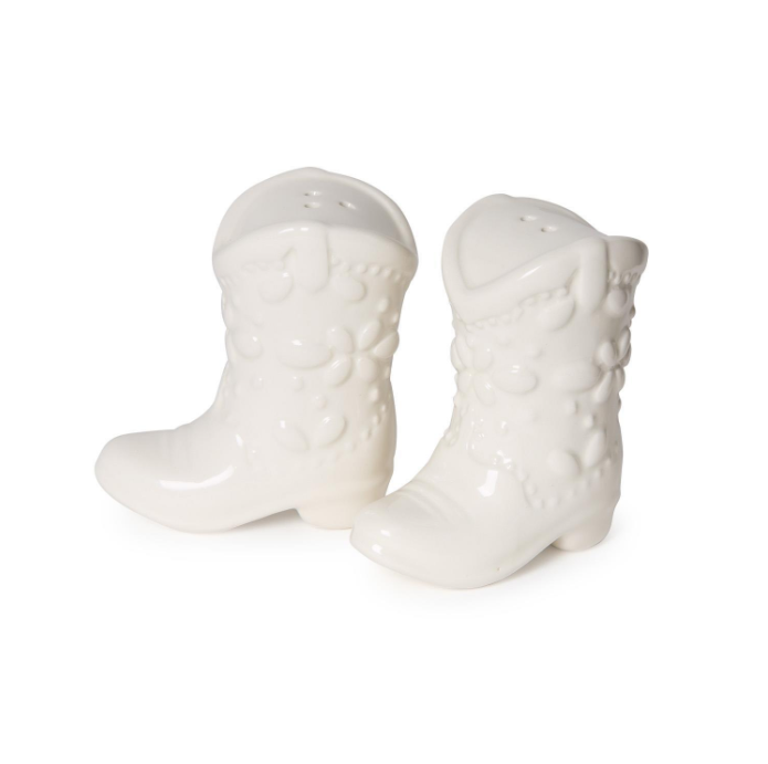 White ceramic boot-shaped salt and pepper shakers on a white background