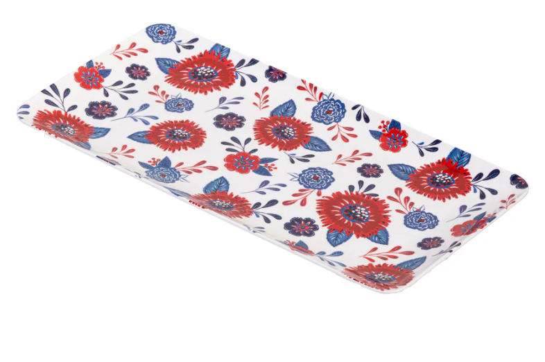 Floral-patterned tray with red and blue flowers on a white background