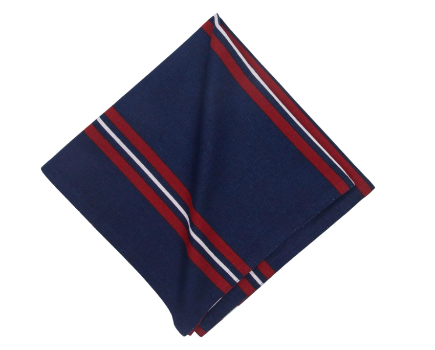 Navy napkin with red and white stripes on a white background