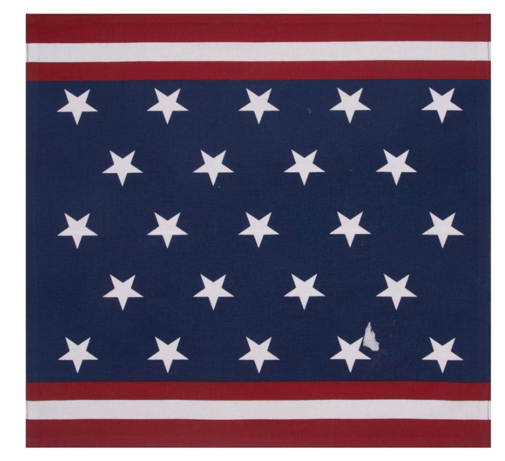 American flag patterned napkin with white stars on a blue field and red and white stripes.