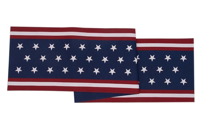 Navy blue table runner with 'God Bless America' text and red and white stripes on one side and stars and stripes the other side on a white background