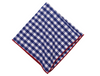 Blue and white checkered napkin with red border on a white background