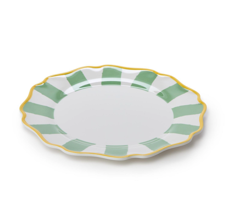 Decorative plate with green and yellow rim on a white background