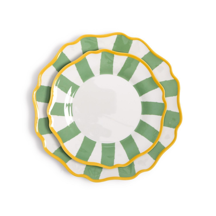 Decorative plates with green stripes and yellow rim on a white background.