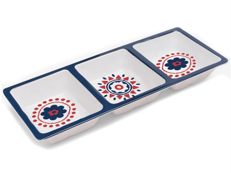 Rectangular ceramic dish with floral patterns on a white background