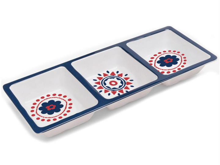 Rectangular ceramic dish with floral patterns on a white background