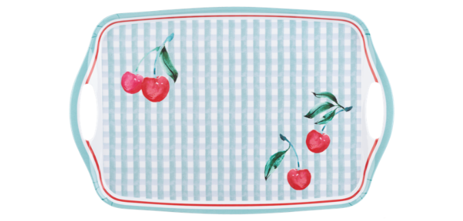 Rectangular tray with cherry design on a white background