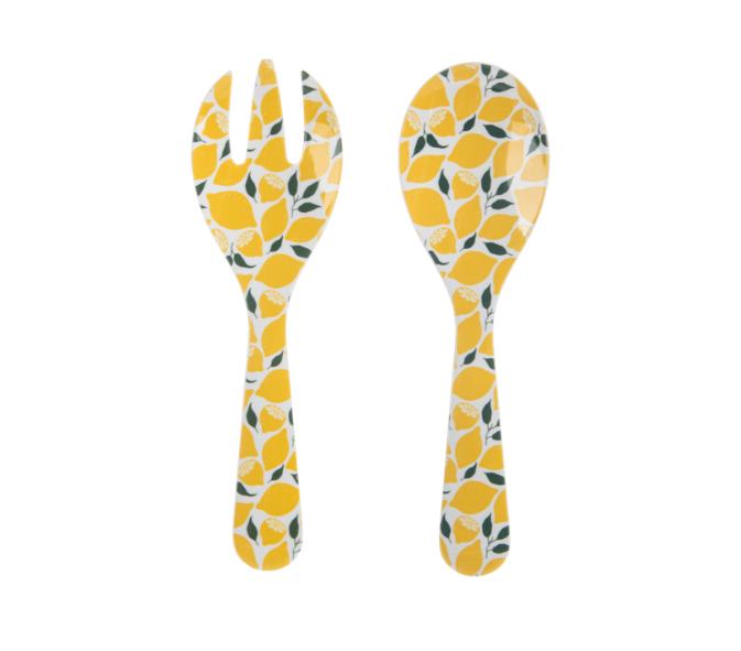 Fork and spoon serving set with lemon pattern on a white background