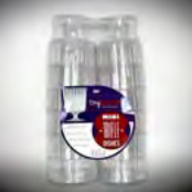 Clear plastic trifle dish with a red and white label on a black background