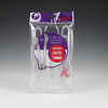 Packaging of mini sampling tongs with purple and white design on a gray background