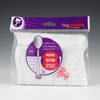 Package of tinytasters mini tasting spoons with purple and white design.
