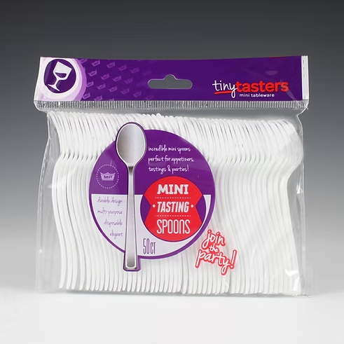 Package of tinytasters mini tasting spoons with purple and white design.