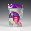 Pack of mini silver tasting forks with purple packaging on a gray background