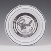 Packaging of white with silver trim Regal 6-inch plates with clear plastic wrap on a gray background