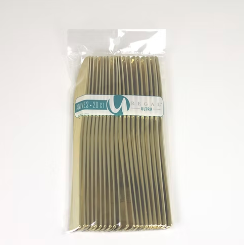 Pack of gold knives with a visible brand label on a white background
