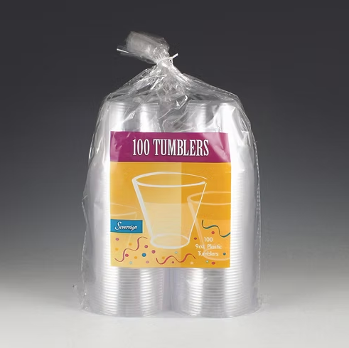 Pack of 100 clear tumblers with a brand label on a gray background