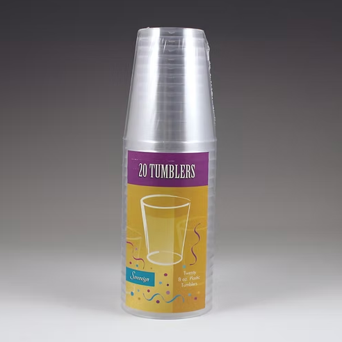 Packaging of 20 clear plastic tumblers with a purple label on a gray background