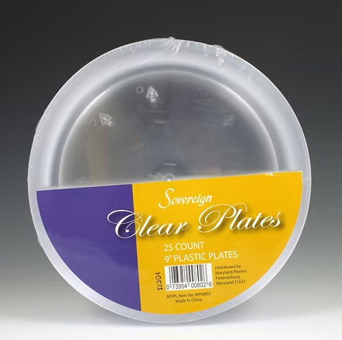 Pack of clear plastic plates with purple and yellow label on a gray background