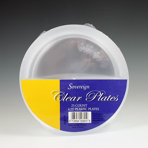 Container of clear plastic plates with a label indicating 25 count and brand name.