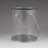 Clear plastic paint can with metal handle on a gray background