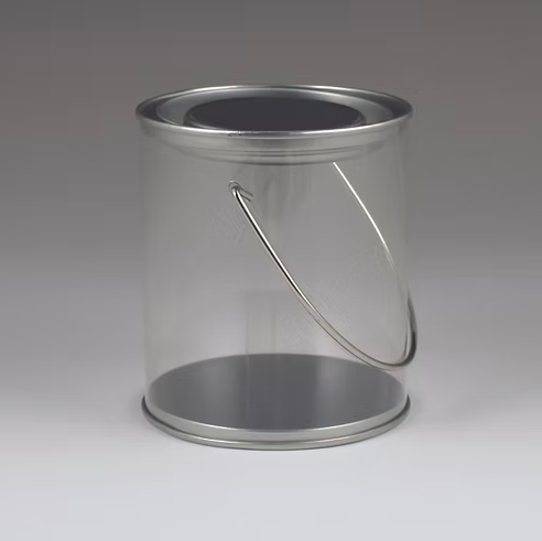 Clear paint can with a handle on a gray background