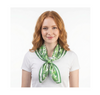 Woman wearing a green patterned scarf on a white background