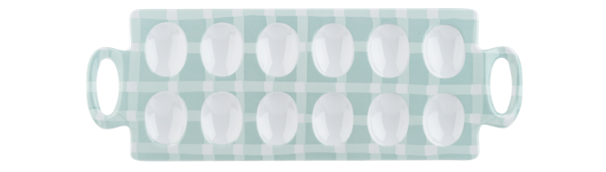 Blue gingham deviled egg tray with white wells on a white background