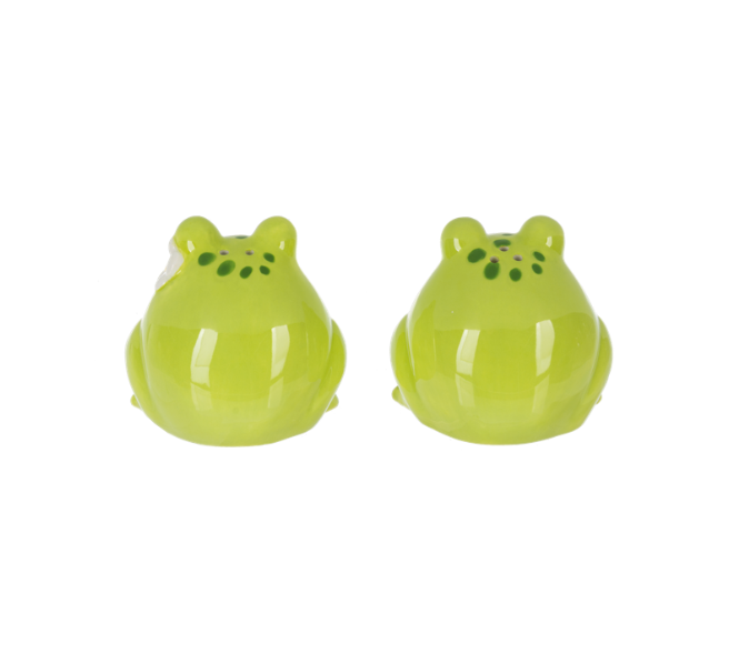 Back view of two green frog-shaped salt and pepper shakers on a white background