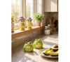 Decorative frog figurines on a kitchen counter with a window in the background