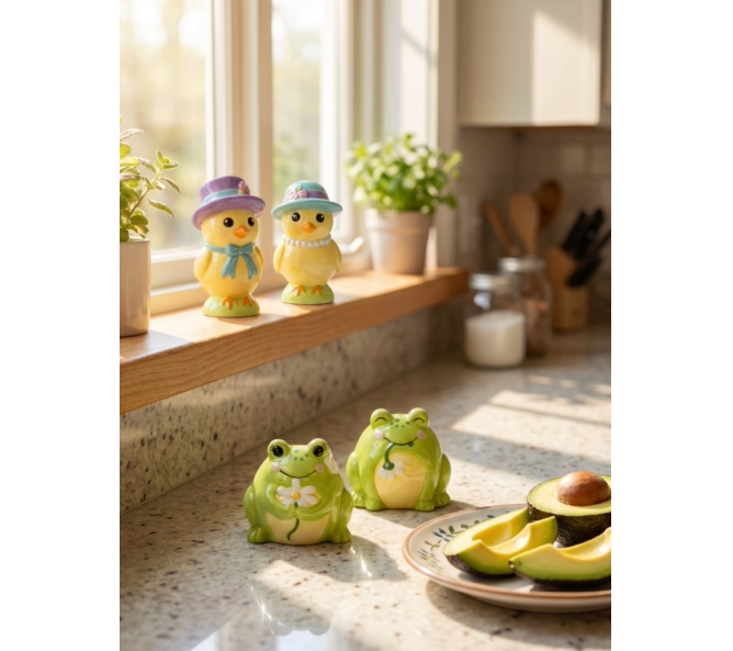 Decorative frog figurines on a kitchen counter with a window in the background
