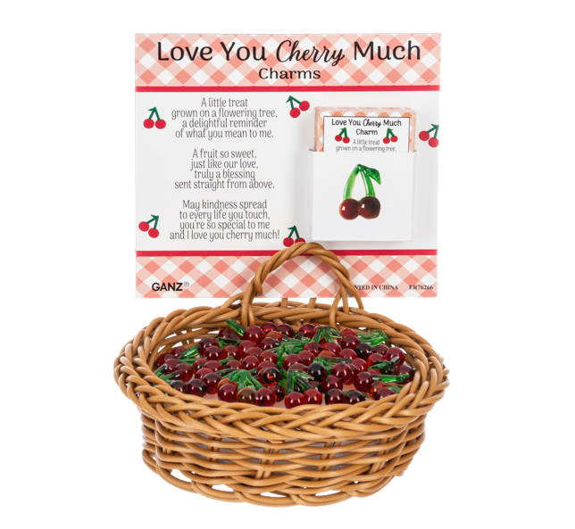 Basket of cherry charms with packaging labeled 'Love You Cherry Much' on a white background