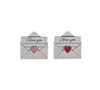 Two silver envelope-shaped charms with 'I love you' text and red and pink hearts on a white background.
