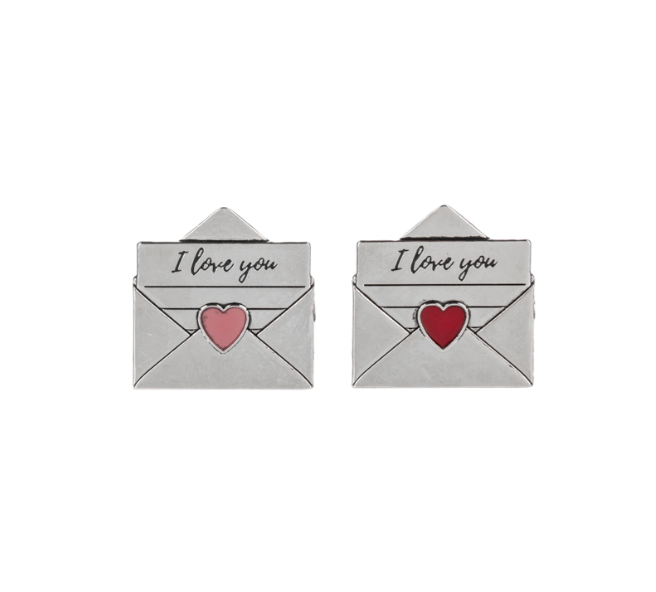 Two silver envelope-shaped charms with 'I love you' text and red and pink hearts on a white background.