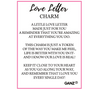 Product description card for 'Love Letter Charm' with text and Ganz logo.