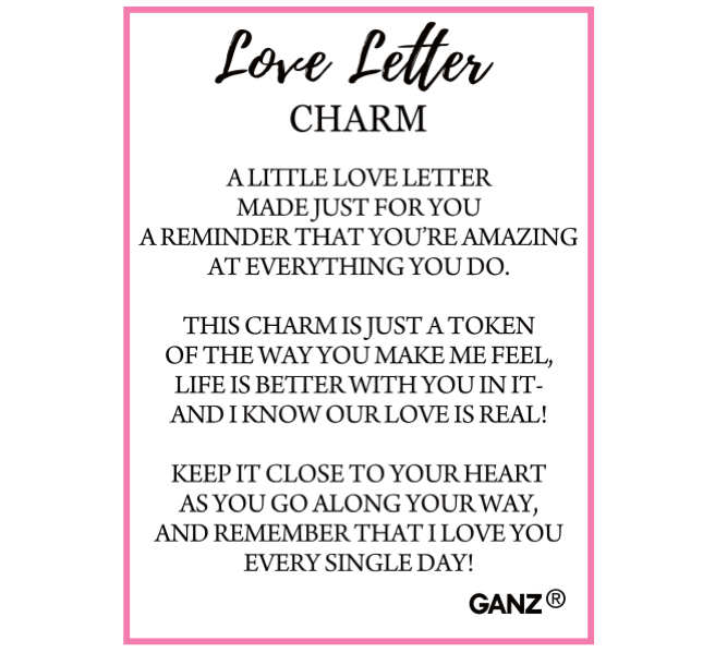 Product description card for 'Love Letter Charm' with text and Ganz logo.
