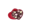Heart-shaped chocolate tin charm with various chocolates on a white background