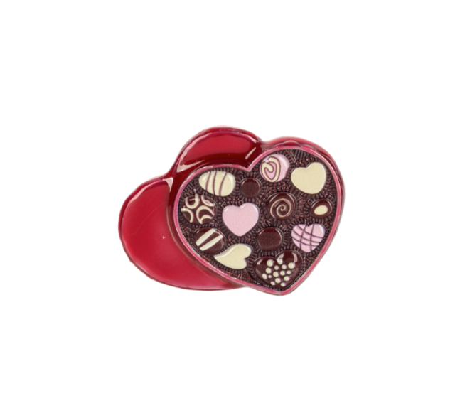 Heart-shaped chocolate tin charm with various chocolates on a white background