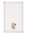 A white kitchen towel with scalloped edges, featuring an embroidered design of a glass jar filled with holiday cookies and a red ribbon bow, with red and green stitched borders.