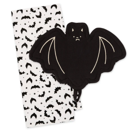 Halloween themed kitchen towel and pot holder featuring bat shapes.