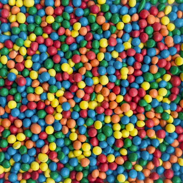 A close-up view of colorful candy-coated chocolates, in red, yellow, green, blue, and orange.