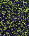 A close-up, view of sprinkles in three colors: bright purple, neon lime green, and black.