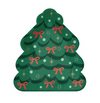 A Christmas tree-shaped paper plate on a plain white background, decorated with red bows, gold stars, and light green ornaments.
